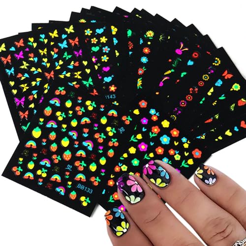 24 Sheets Fluorescent Nail Art Stickers 3D Colorful Flower Butterfly Decals