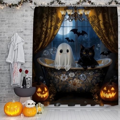 Spooky Halloween Shower Curtain 70" x 70" with Hooks - Ghosts, Cats, Pumpkins, and Bats