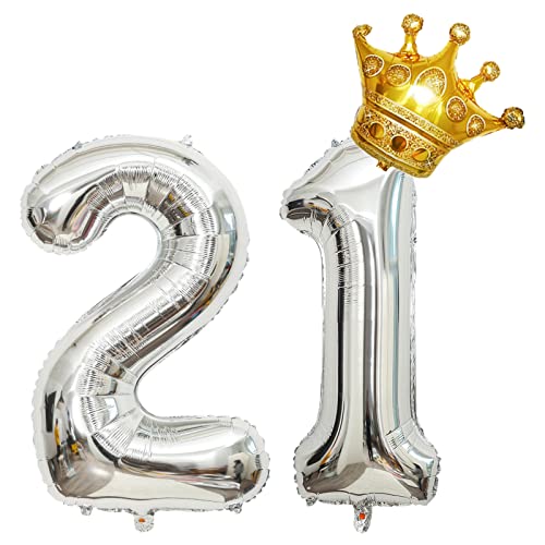 32 Inch Silver Number 21 Foil Balloon with Mini Crown - Birthday Party Decor