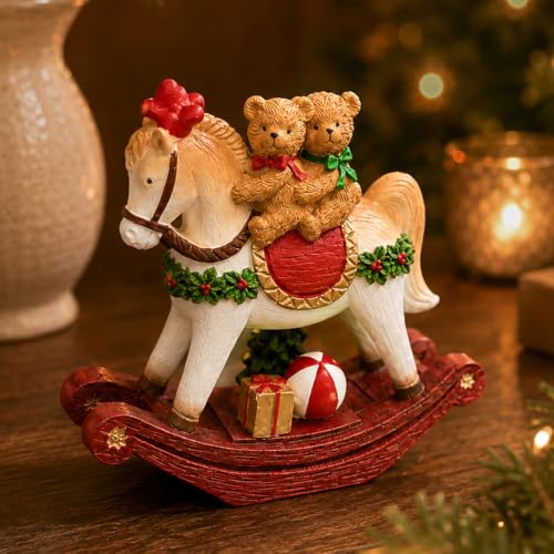 Bear Couple Christmas Figurine on Rocking Horse Decor