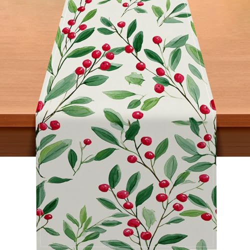 Farmhouse Christmas Table Runner Green Leaves & Berries Decor 13x72 Inches - Burlap