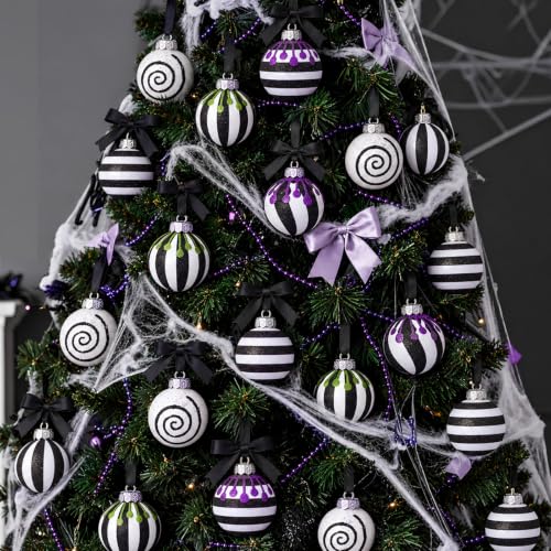 24 Black and White Halloween Ball Ornaments - Gothic Christmas Decorations