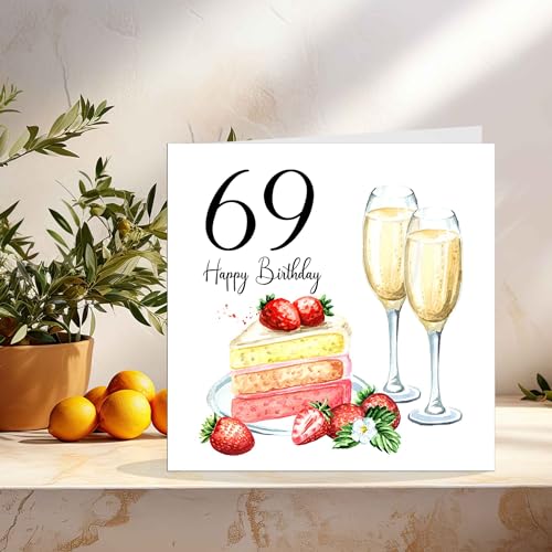 69th Birthday Card for Women - Strawberries & Cake Design with Pink Envelope