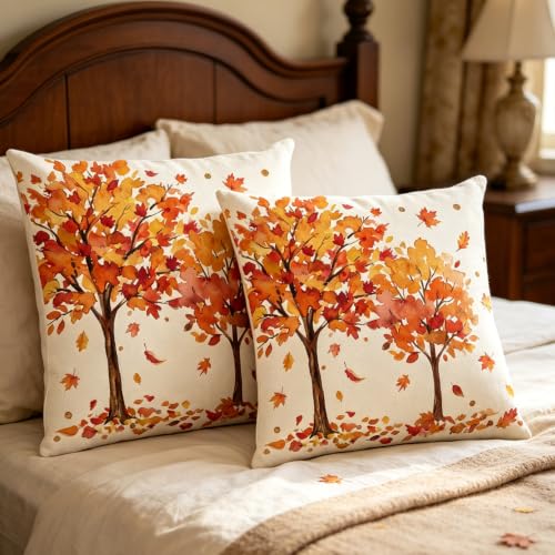 Fall Maple Leaf Throw Pillow Covers 18x18 Inch, Set of 2 Autumn Farmhouse