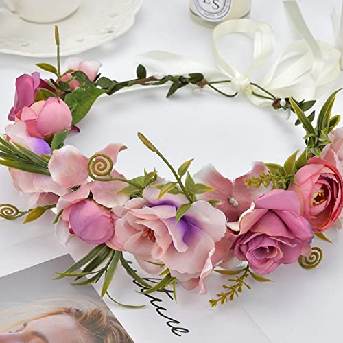 YnimioAOX Pinkish Purple Floral Crown Headband Adjustable Silk Flower Wreath