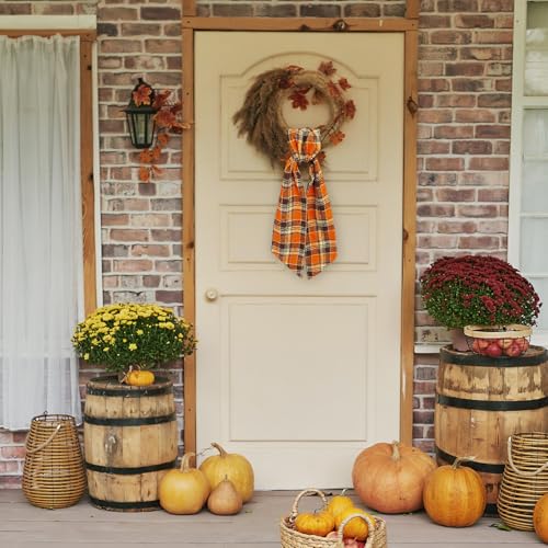 Dark Orange Buffalo Plaid Wreath Sash, 54-Inch Seasonal Fall Ribbon Tie