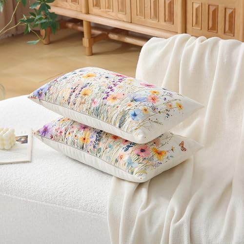 Floral Spring Summer Throw Pillow Covers 12x20 Inch, Set of 2