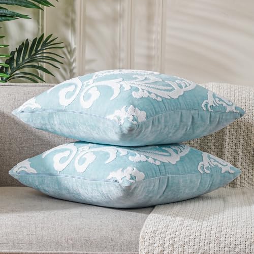 Sky Blue Damask Throw Pillow Covers 18x18 Inch, Set of 2