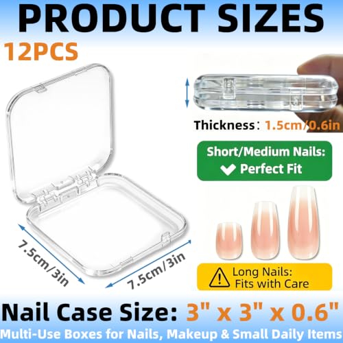 12 Pcs Clear Acrylic Press-On Nail Storage Boxes with Adhesive Tape
