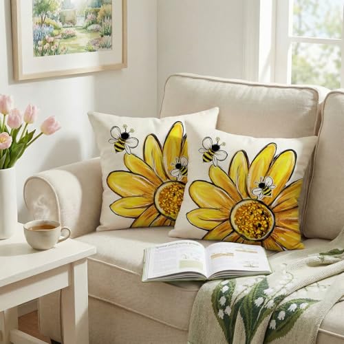 GEEORY Daisy Bee Throw Pillow Covers Set of 2 - 18x18 Inch White