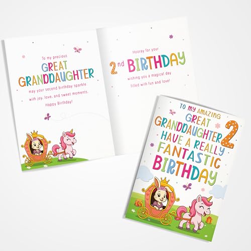Great-Granddaughter 2nd Birthday Card, Princess & Unicorn A5 Greeting Card