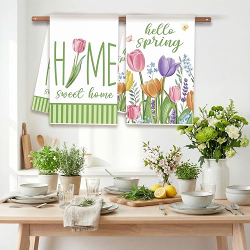 Spring Tulips Kitchen Towels Set of 2 - 18x26 Inch Decorative Dish Towels