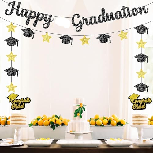 Black Glitter Happy Graduation Banner - Pre-Assembled Party Decor