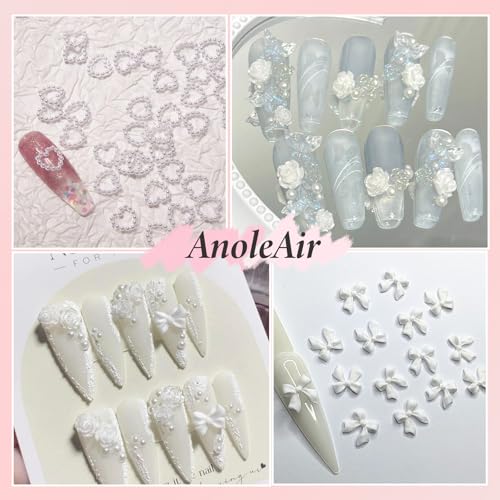 AnoleAir White Assorted Nail Charms Acrylic Bows Flowers Pearls and Gold Rivets