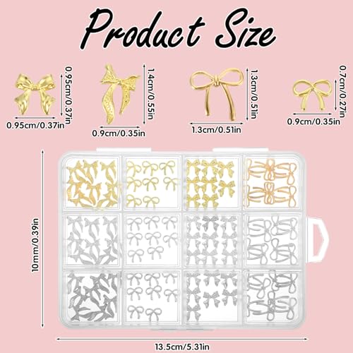 Ouligay 96 PCS Metal Bow Nail Charms 3D Gold and Silver Nail Art Decors