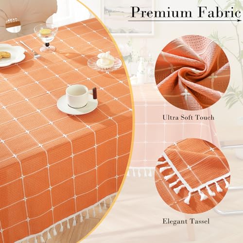 Rakila Rustic Checkered Cotton Linen Tablecloth - Orange 55x102 Inches, Waterproof, Tassel Decor for Kitchen & Dining, 10-12 Seats