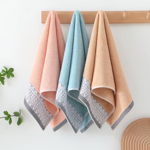 Leaf Print Hand Towels 3 Pack - Blue Beige Pink Cotton Soft