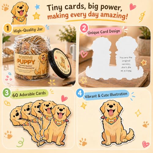 Positive Affirmation Jar with Golden Retriever - 60 Uplifting Cards for Women & Kids - Encouragement Gift, Positive Support, Stress Relief