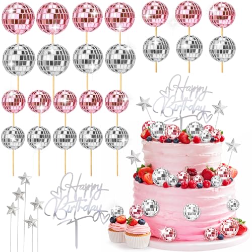 30-Piece Disco Ball Cupcake Topper Set, Pink and Silver Retro Party Decor