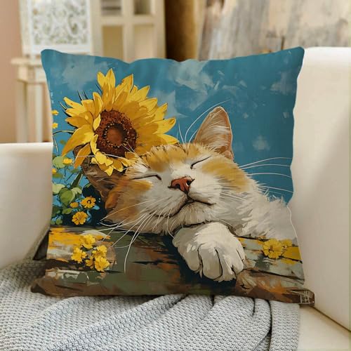 GAGEC 18x18 Inch Orange Cat Sunflowers Pillow Cover - Spring Decor