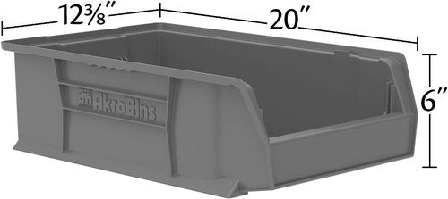 Akro-Mils Super-Size Plastic Storage Bins - Space-Saving Stackable Organizers, 20" L x 12" W x 6" H, Grey, 4-Pack