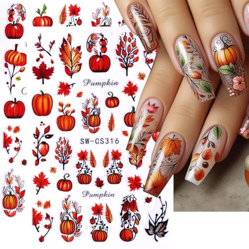 Fall Nail Stickers 3D Thanksgiving Pumpkin Autumn Leaves Decals 4 Sheets