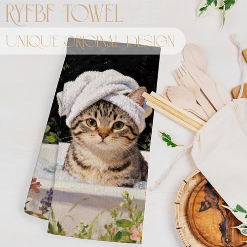 Funny Tabby Cat Hand Towel - Cat Bath Decorative Floral Kitchen Towel 16x24