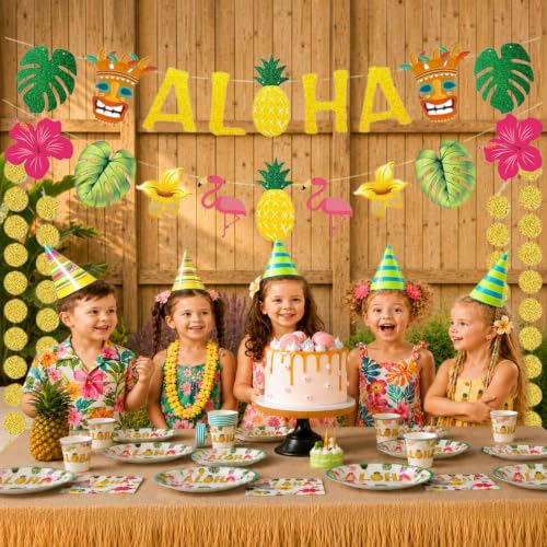 Tropical Aloha Party Banner Set with Gold Glitter Flamingo & Pineapple