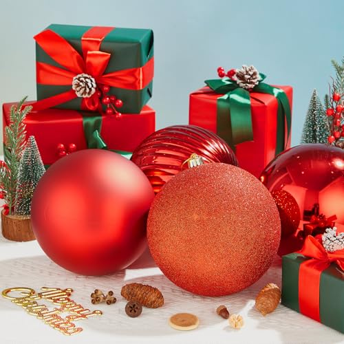 4 Pack 8-Inch Oversized Red Christmas Ball Ornaments - Large Plastic Holiday Tree Decor