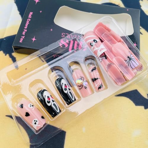 VGNRAR Halloween Long Square Pink Press On Nails with 3D Spider Rhinestones