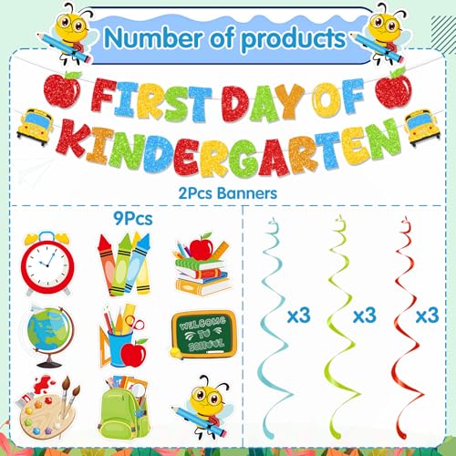 First Day of Kindergarten Decorations Set - 11PCS Glitter Banners & Swirls