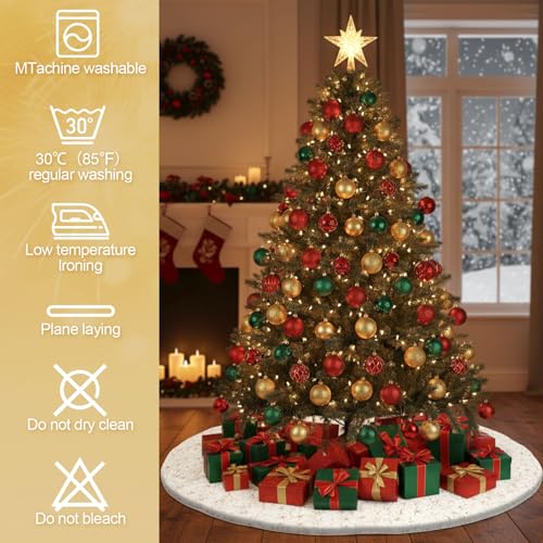 Faux Fur Christmas Tree Skirt 60 Inch White with Gold Snowflakes