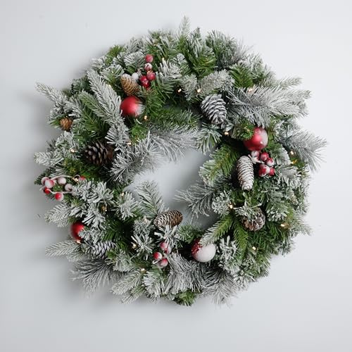Flocked Christmas Wreath 24 Inch Pre-lit with 50 LED Lights, Red Balls & Pine Cones – Battery Operated Variation 50