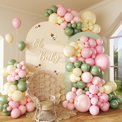 146pcs Pink and Yellow Balloon Garland Arch Kit with Sage Green Balloons
