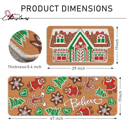 Christmas Gingerbread House Kitchen Rugs Set of 2 - Khaki 17x29 + 17x47 Inches