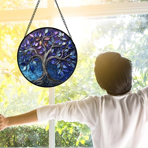 Blue Purple Tree of Life Stained Glass Window Hanging Suncatcher 9.8 Inch - Vibrant Home Decor