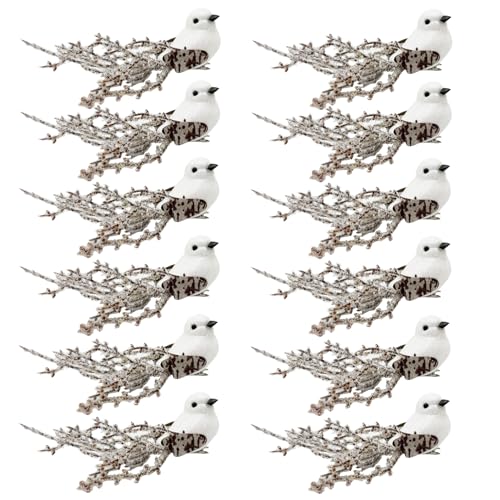 12pcs White Glitter Birds Clip-On Christmas Tree Decorations Winter Wreath Crafts