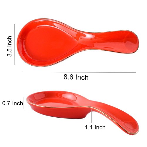 Maxramic Ceramic Spoon Rest for Stove Top, Golden Rim Spoon Holder Utensil Rest, Cute Spoon Rests for Coffee Bar (Red)
