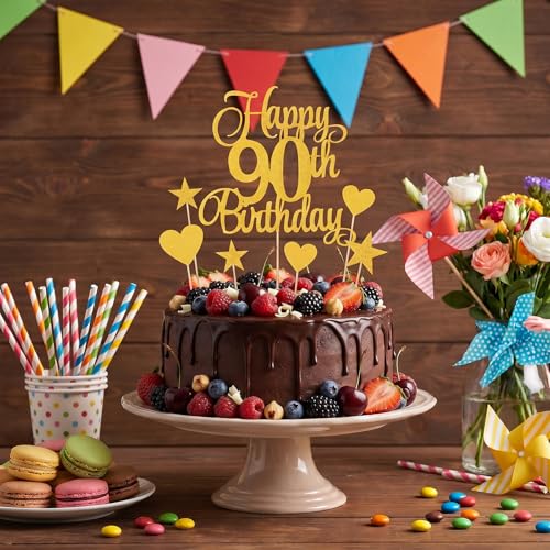 Happy 90th Birthday Cake Topper Set with Glitter Decor