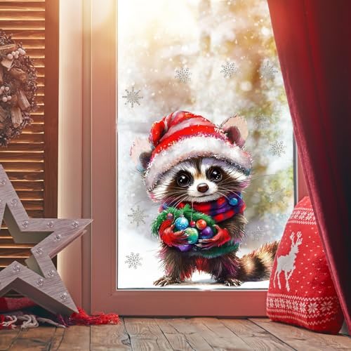 Christmas Window Cling Raccoon & Snowflake Decals - Style24