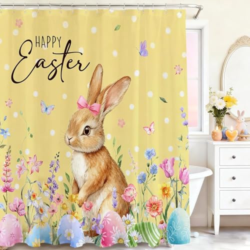 Mocsicka Easter Bunny & Egg Shower Curtain Yellow 71x71in Waterproof Bathroom Decor