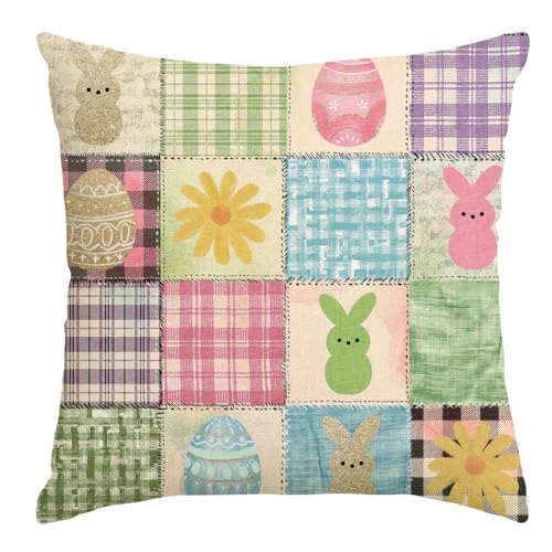 Easter Bunny Pillow Cover 18x18 Inch, Colorful Buffalo Plaid Linen Case