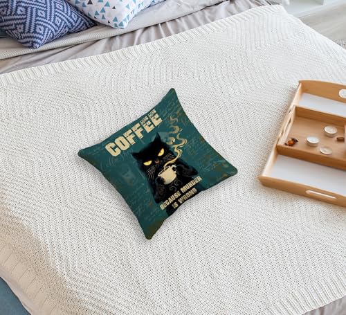 Funny Black Cat Coffee Pillow Cover, 18x18 Soft Corduroy Case (Cat03)