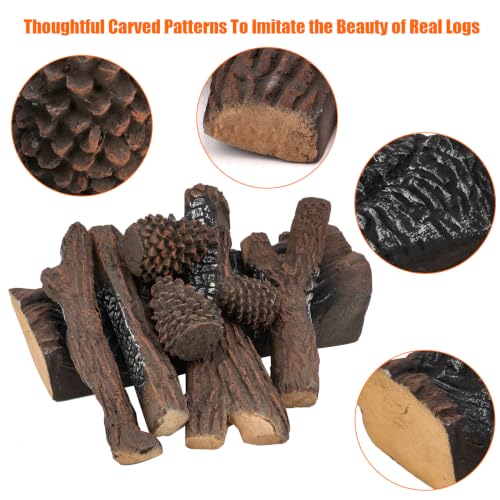 Skyflame 9-Piece Ceramic Wood Logs Set with Pine for Gas Fireplace - Realistic Fire Feature