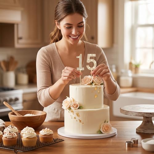 15th Birthday Cake Topper with Rhinestones - Elegant Gold Decoration