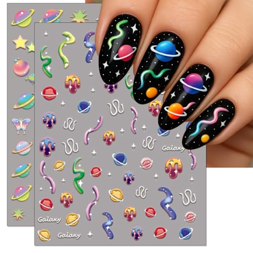 IDDFEVE 5D Embossed Space Nail Art Stickers Galaxy Planet Decals 2 Sheets
