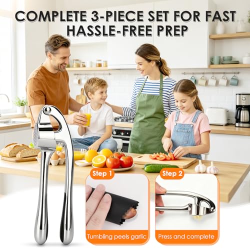 TACGEA Garlic Press Set with Peeler & Brush - Rust Proof, Heavy-Duty