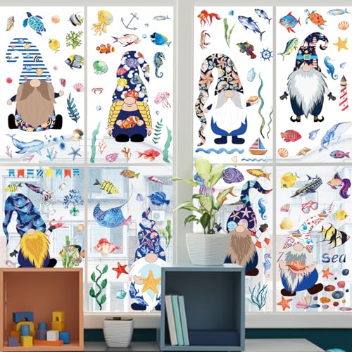 Hianjoo Ocean Gnome Summer Window Clings 146 Pcs Double Sided Static Sea Decals