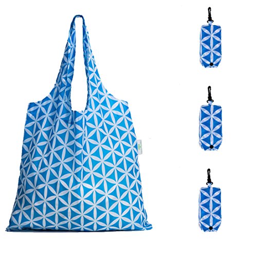 Reusable Grocery Bags Set - Heavy Duty Foldable Shopping Totes with Blue Geometric Flowers - 3 Pack