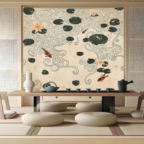 Lifeella Koi Pond Tapestry - Abstract Lotus Wall Hanging, 48"L x 36"W
